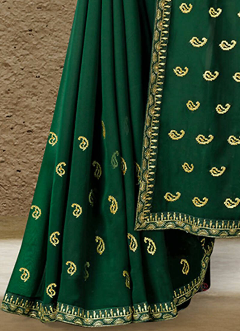Green Georgette Embroidered Saree with Unstitched Blouse Piece - Avika | Grocsy