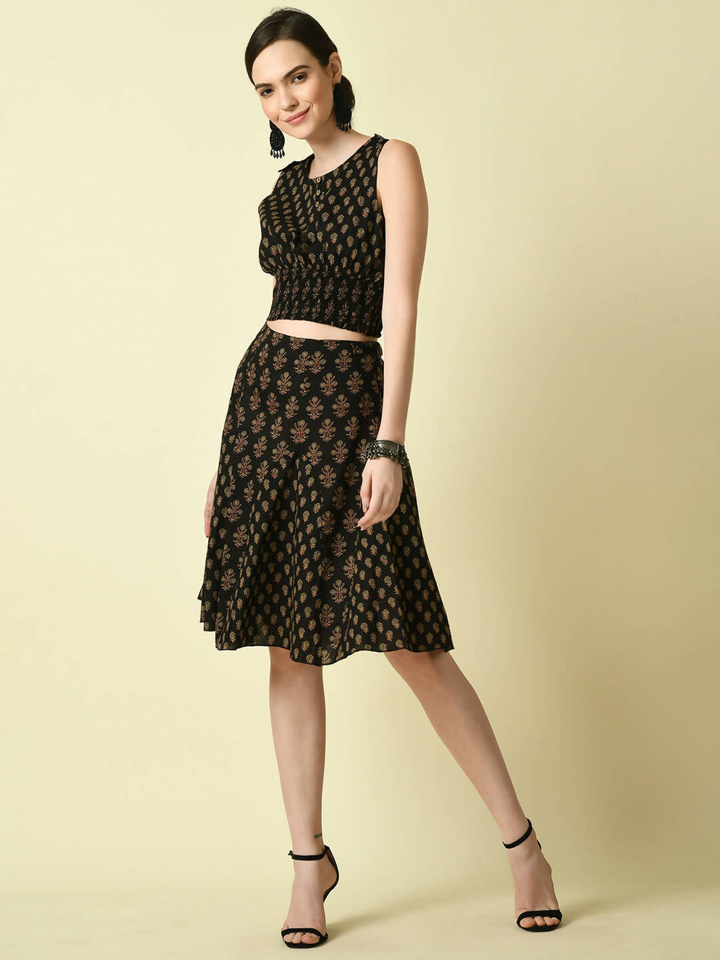Myshka Women's Black Pure Cotton Printed Flared Skirt | Grocsy