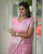 DEIANA'S Beautiful Designer Golden zari Soft Lichi Silk Saree - Baby pink | Grocsy