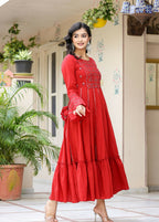 Kaajh Women's Red Mirror Embroidered Cotton Ethnic Dress | Grocsy