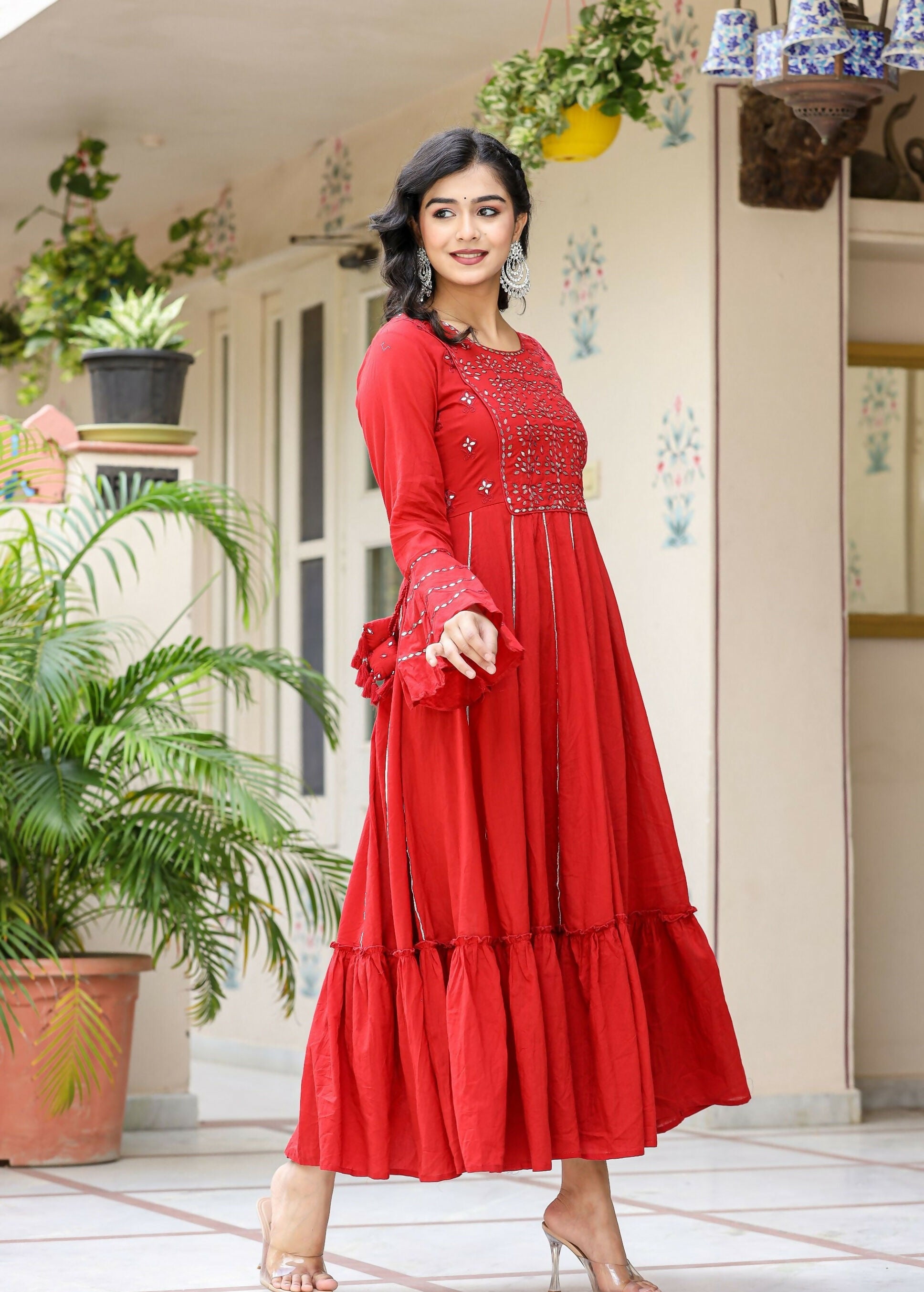 Kaajh Women's Red Mirror Embroidered Cotton Ethnic Dress | Grocsy