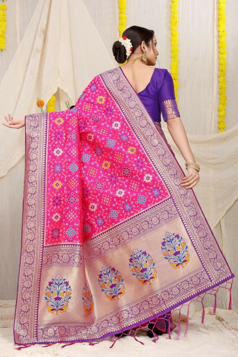 Jyoti Fashion Women's Rani Pink Patola Silk Zari Woven Saree with Blouse | Grocsy