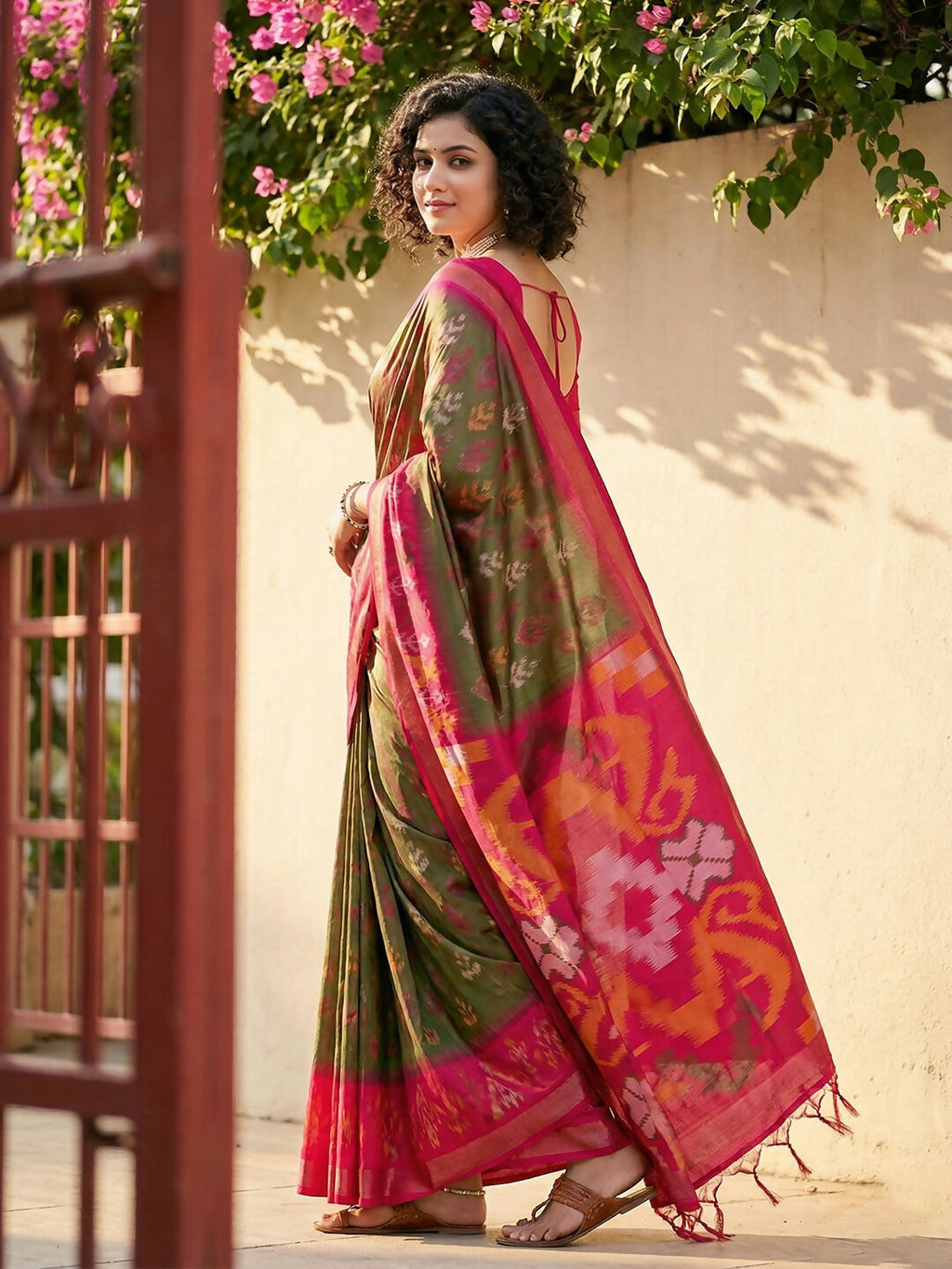 Shree Shyam Fashion Olive Green Pochampally Silk Saree | Grocsy