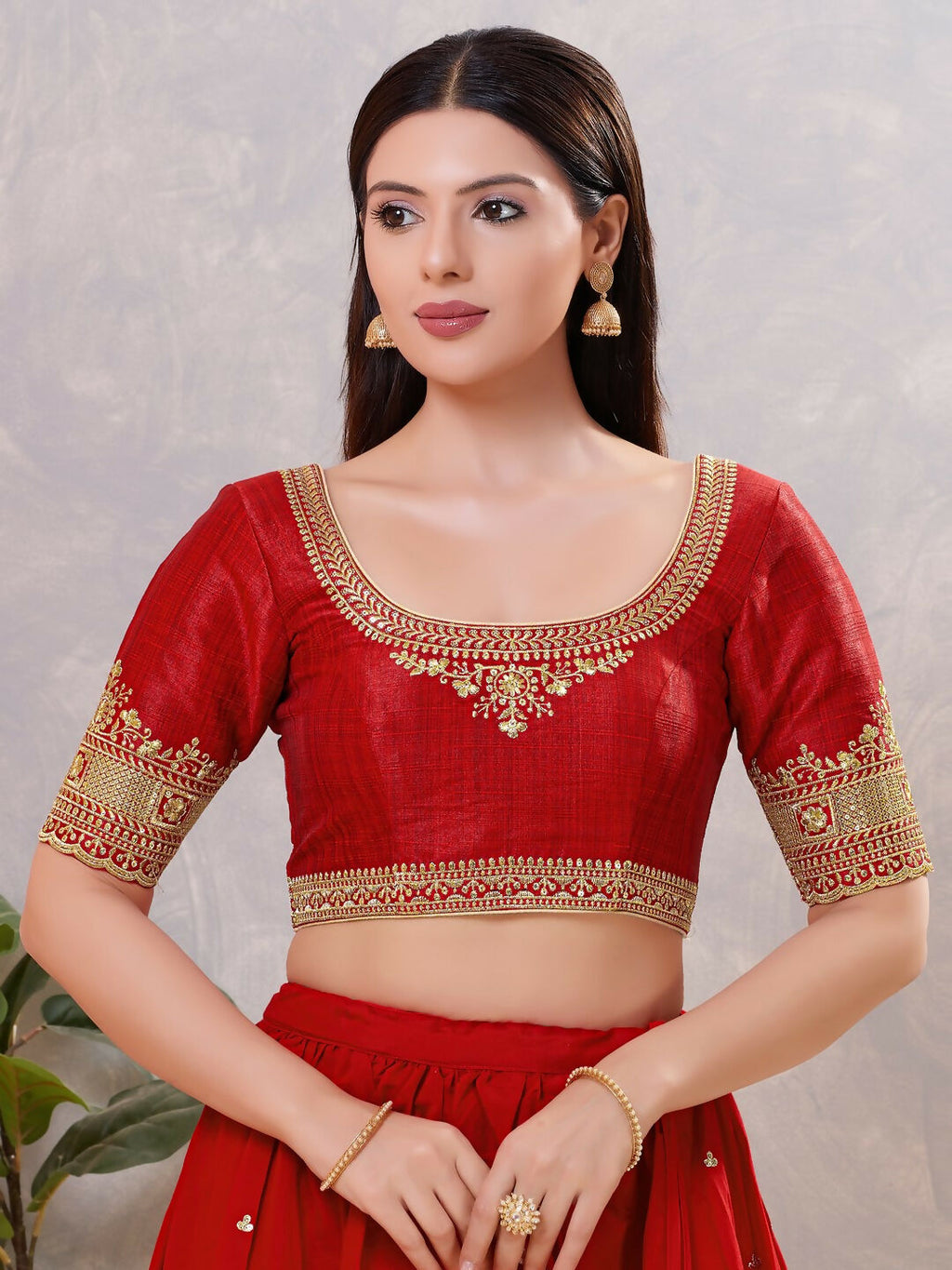Joban Fashion Women Silk Dark-Red Stitched Blouse | Grocsy