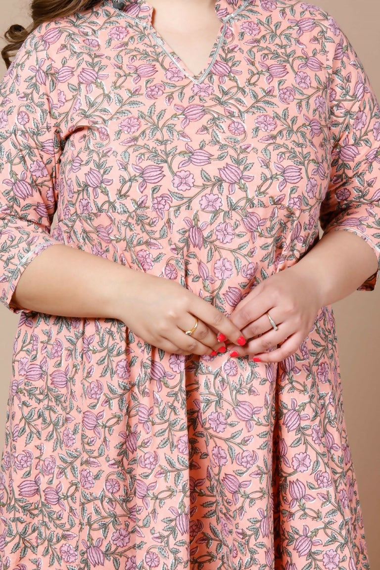 Miravan Women's Orange Plus Size Cotton Floral Printed Anarkali Kurta | Grocsy