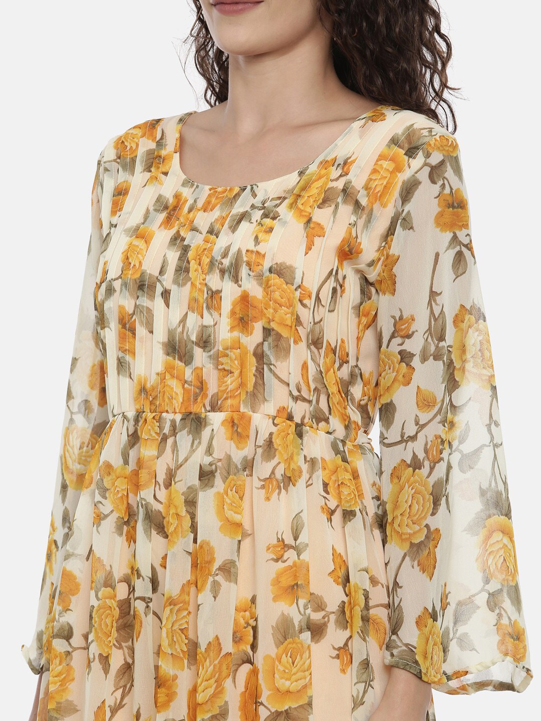 Souchii Cream-Coloured Floral Printed A-Line Dress | Grocsy