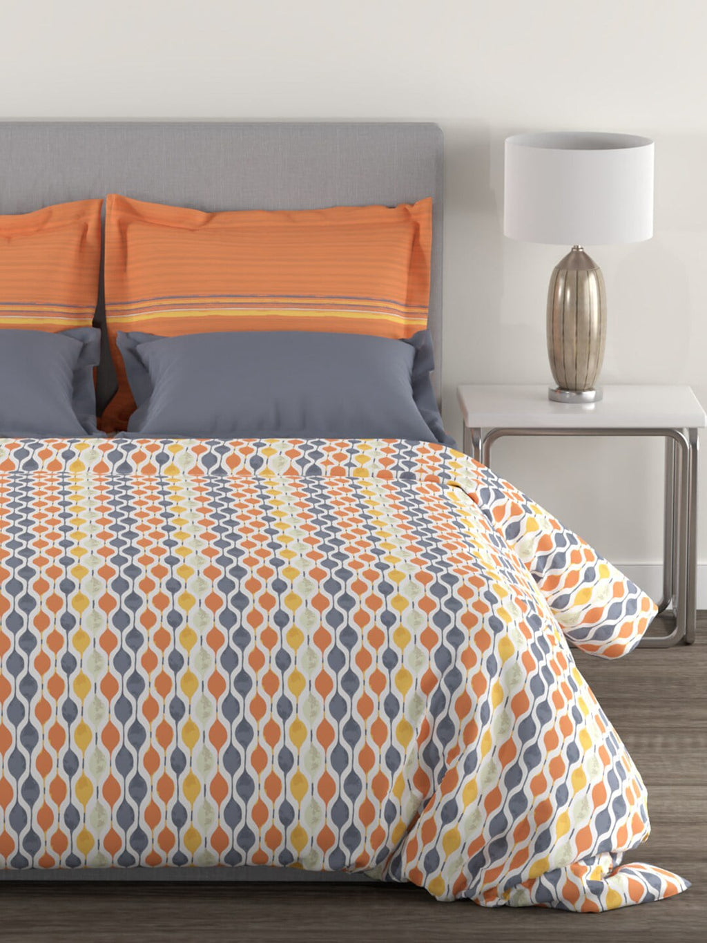 MYTRIDENT Orange White Geometric Cotton 144 TC Queen Bedsheet With 2 Pillow Covers | Grocsy