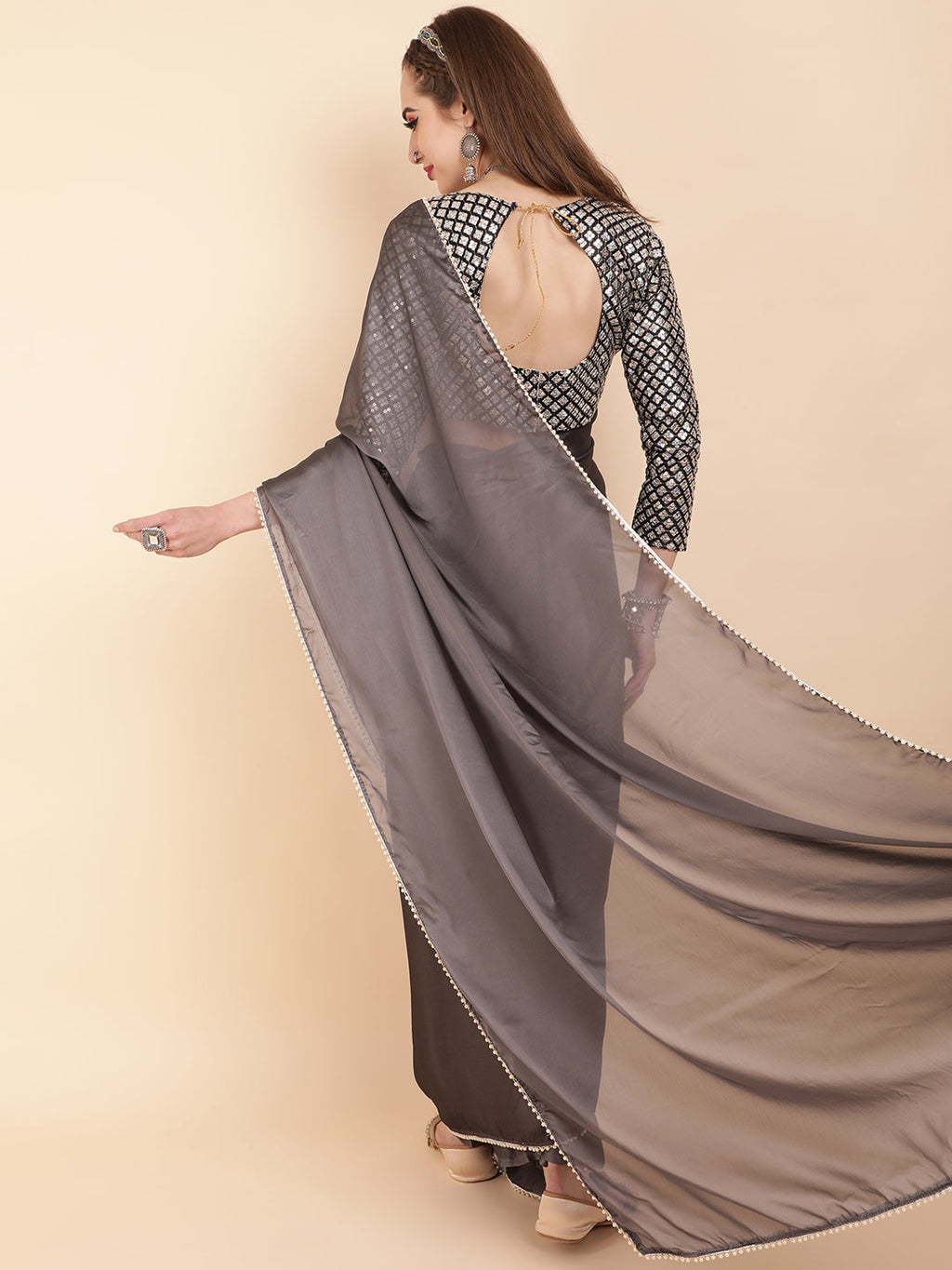 Sangria Grey Beads & Stones Satin Saree | Grocsy