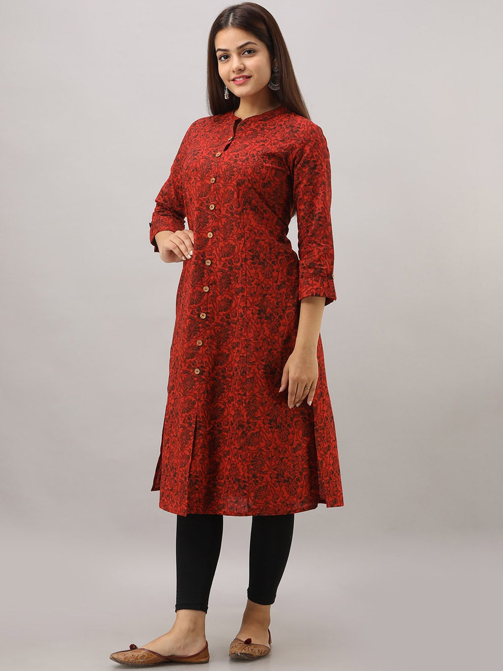 HERE&NOW Maroon Mandarin Collar Floral Straight A-Line Kurta | Grocsy