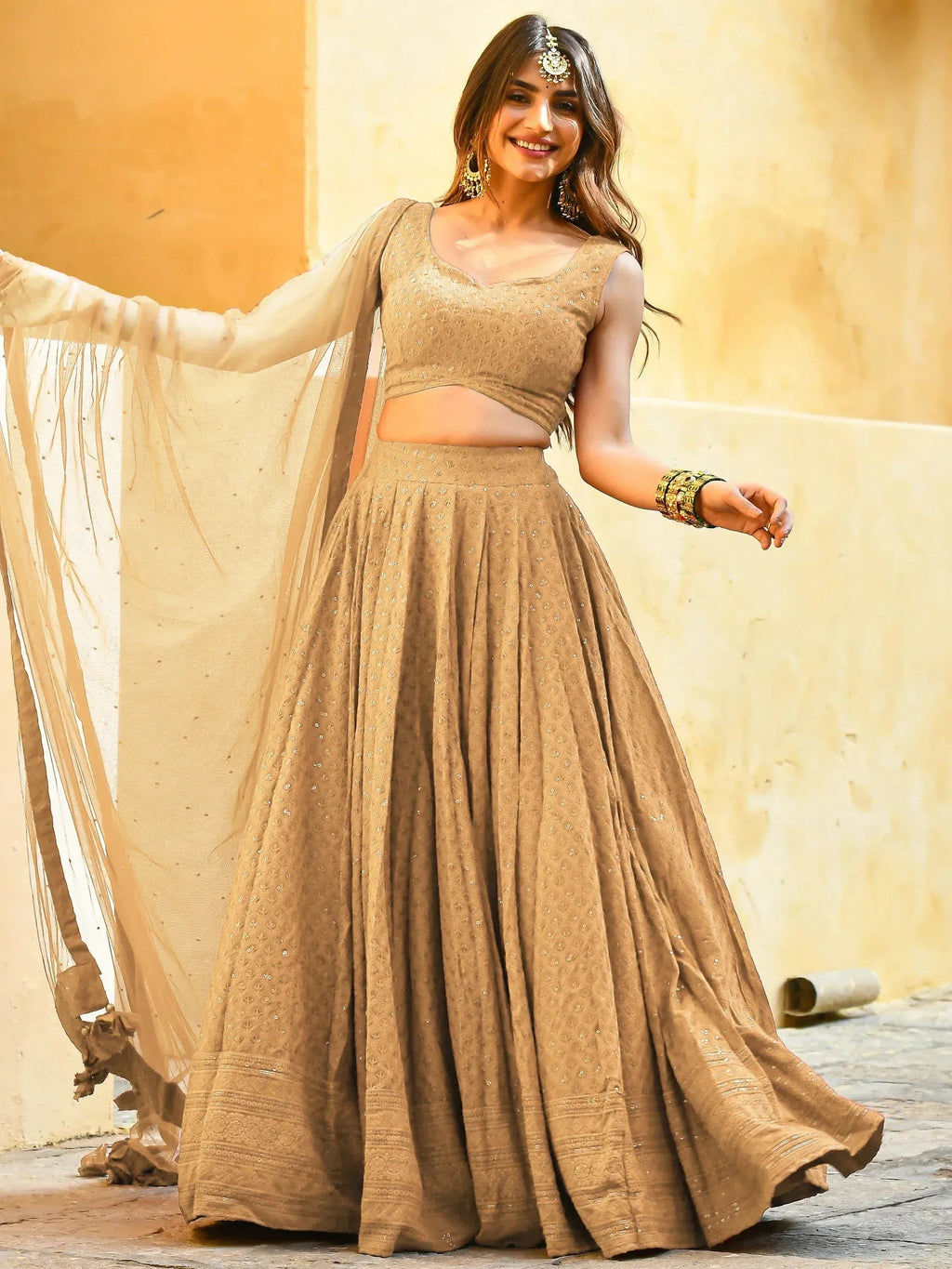 Tulsi Art Fabulous Beige Sequins Georgette Festival Wear Lehenga Choli | Grocsy