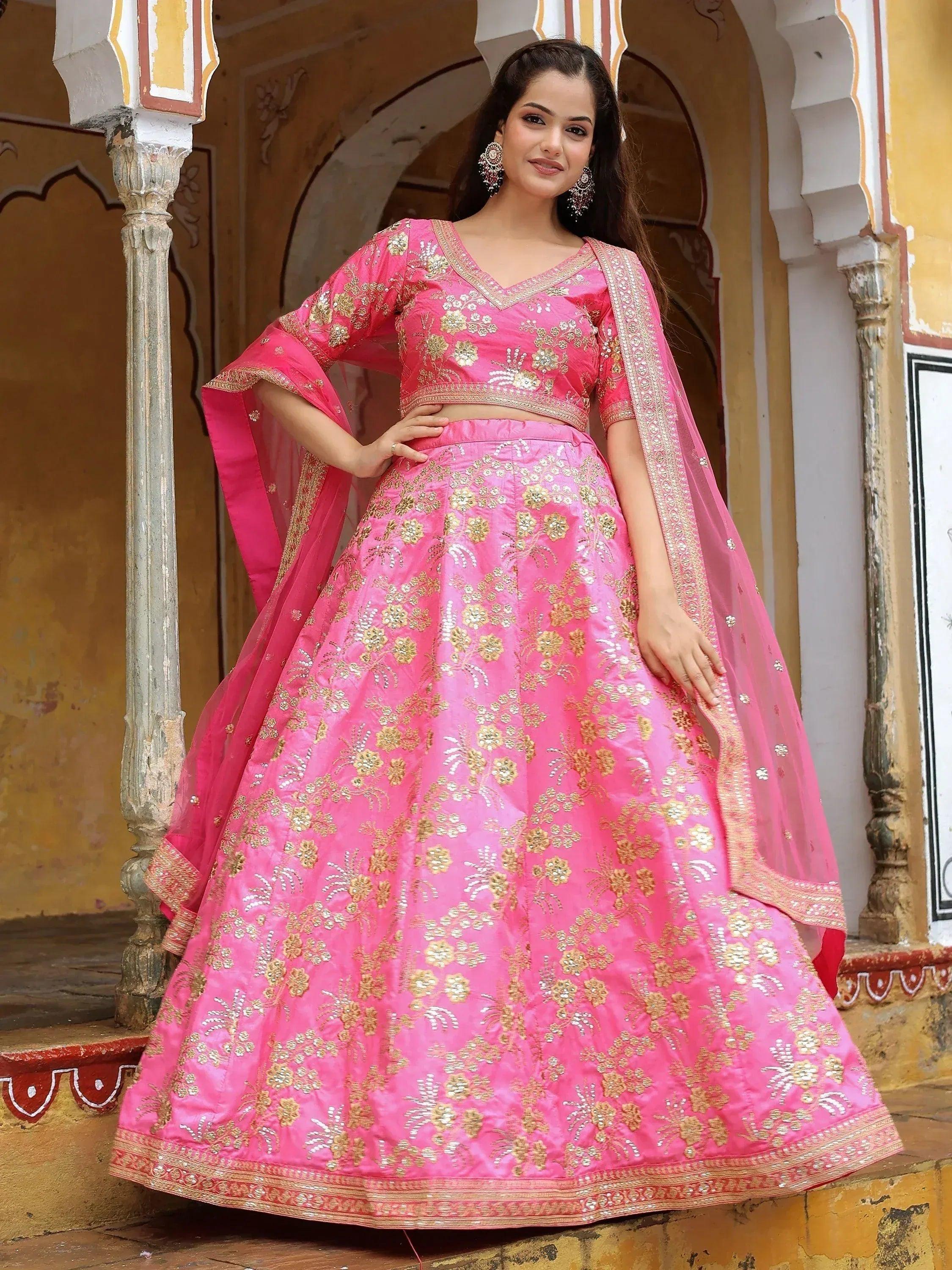 Tulsi Art Fabulous Pink Embroidery Silk Engagement Wedding Wear Lehenga Choli | Grocsy