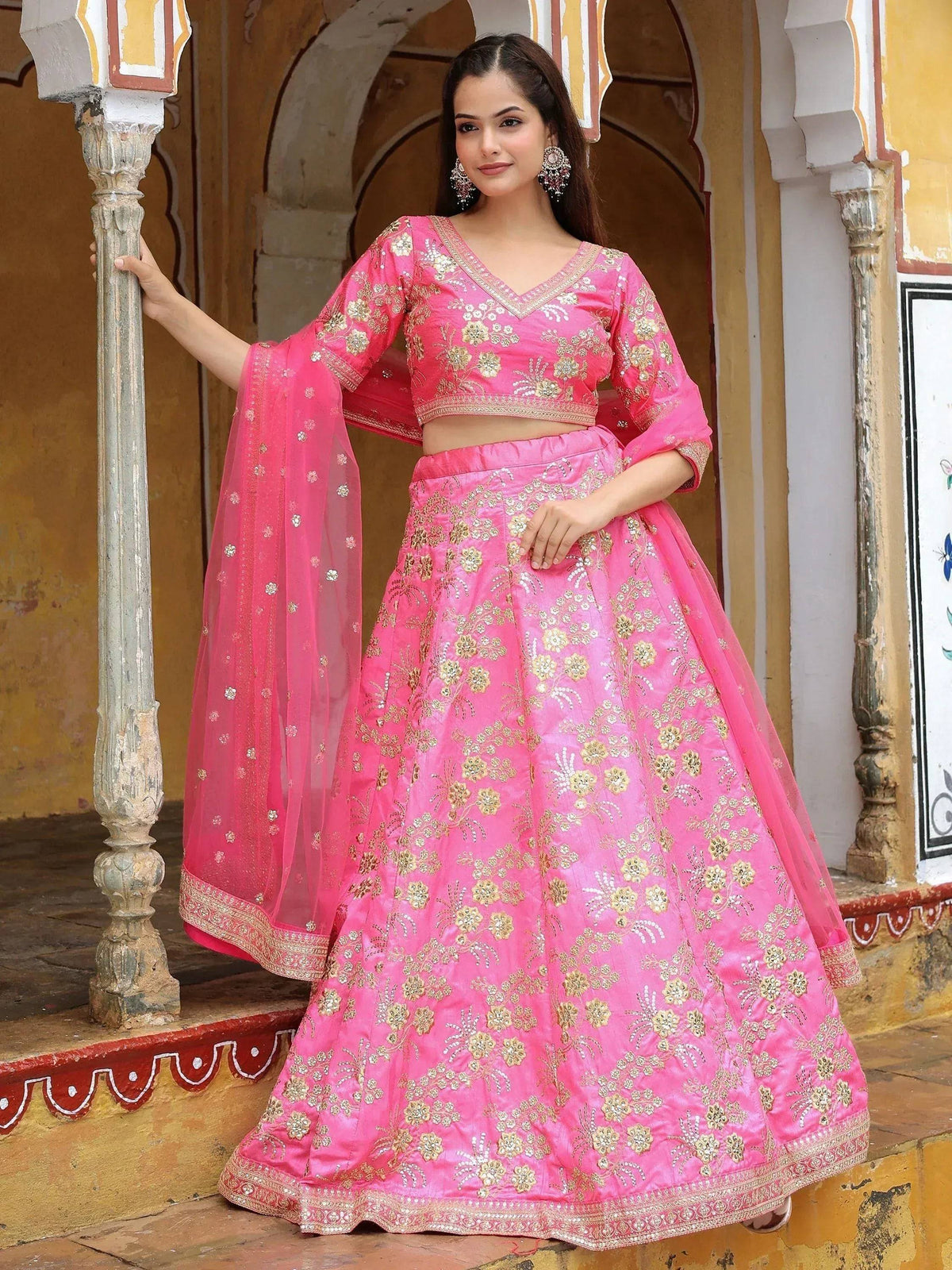 Tulsi Art Fabulous Pink Embroidery Silk Engagement Wedding Wear Lehenga Choli | Grocsy
