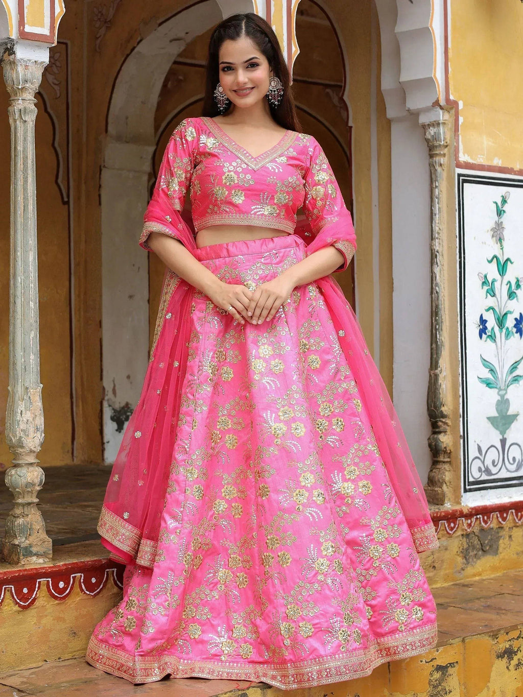 Tulsi Art Fabulous Pink Embroidery Silk Engagement Wedding Wear Lehenga Choli | Grocsy