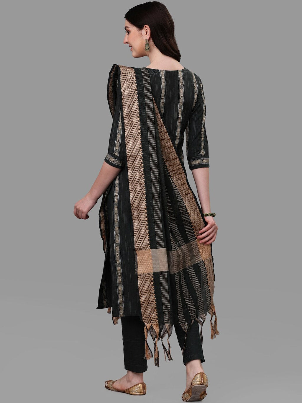 HERE&NOW Green Striped Pure Cotton Kurta With Trousers & Dupatta | Grocsy