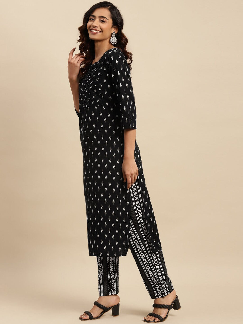 Sangria Black Ethnic Motifs Printed Pure-Cotton Straight Kurta With Trouser & Dupatta | Grocsy