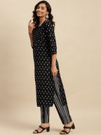 Sangria Black Ethnic Motifs Printed Pure-Cotton Straight Kurta With Trouser & Dupatta | Grocsy