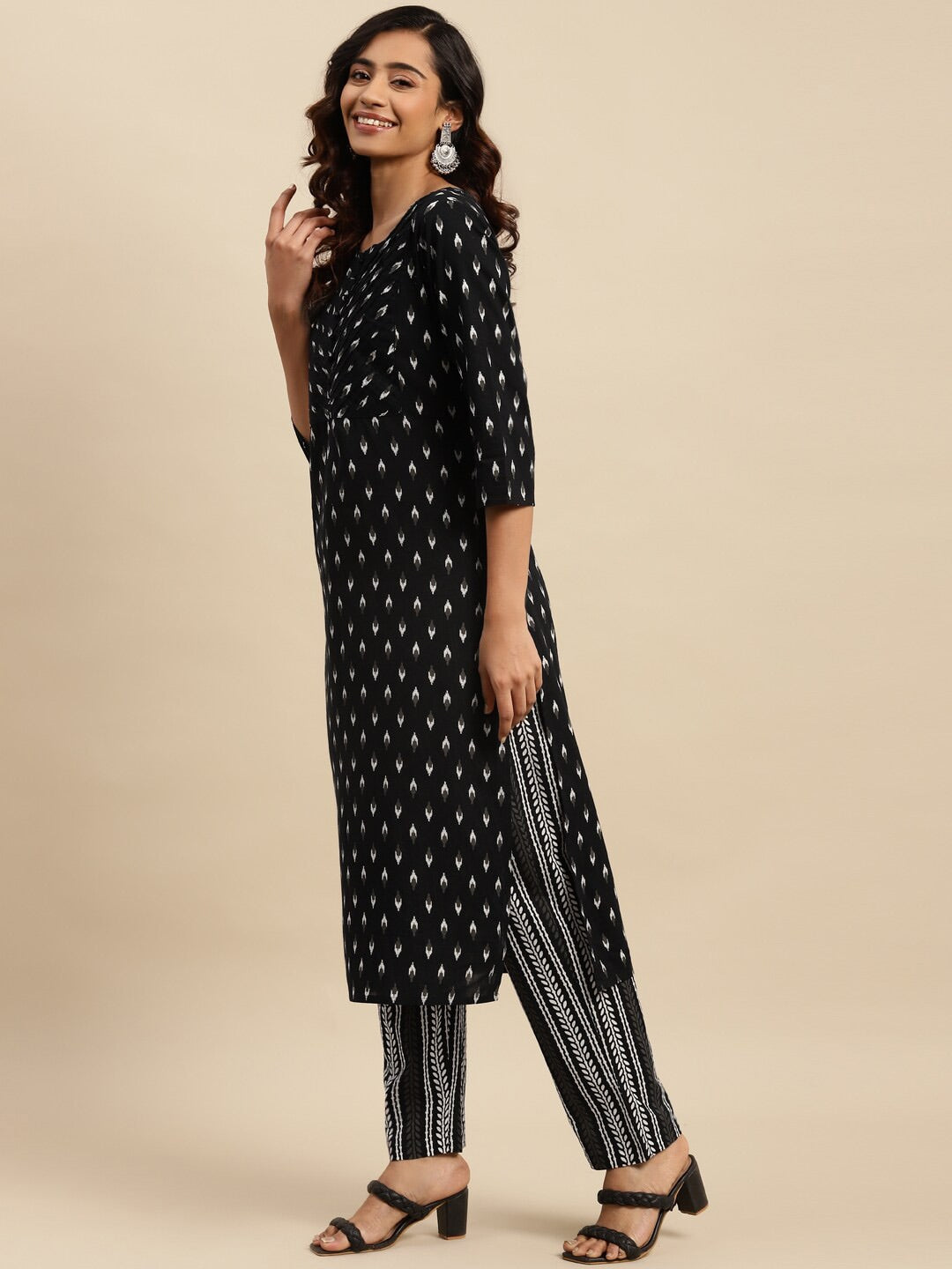 Sangria Black Ethnic Motifs Printed Pure-Cotton Straight Kurta With Trouser & Dupatta | Grocsy