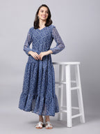 Souchii Blue Ethnic Motifs Printed Chiffon Maxi Tiered Dress | Grocsy