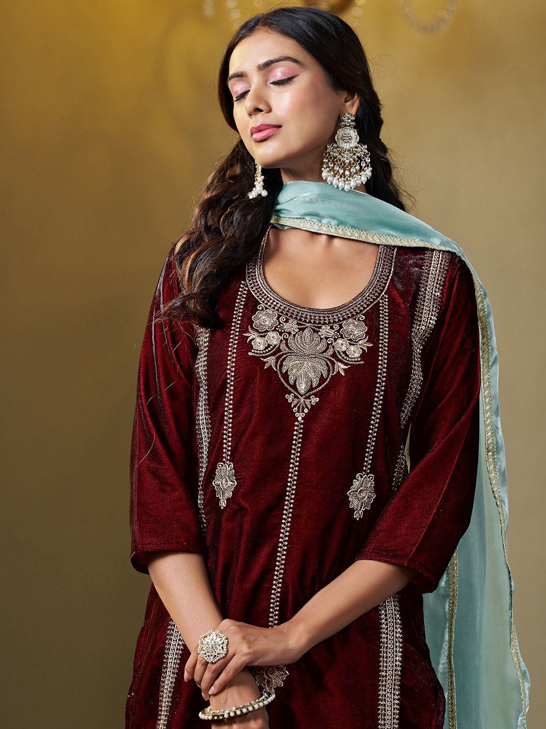 Sangria Embroidered Kurta & Trouser With Dupatta | Grocsy