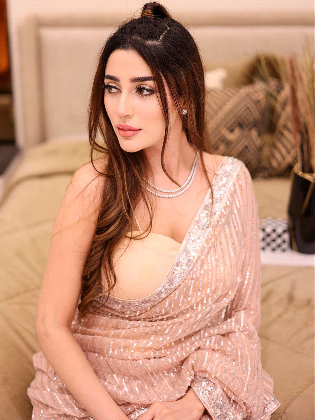 Sangria Beige Sequinned Embellished Saree | Grocsy