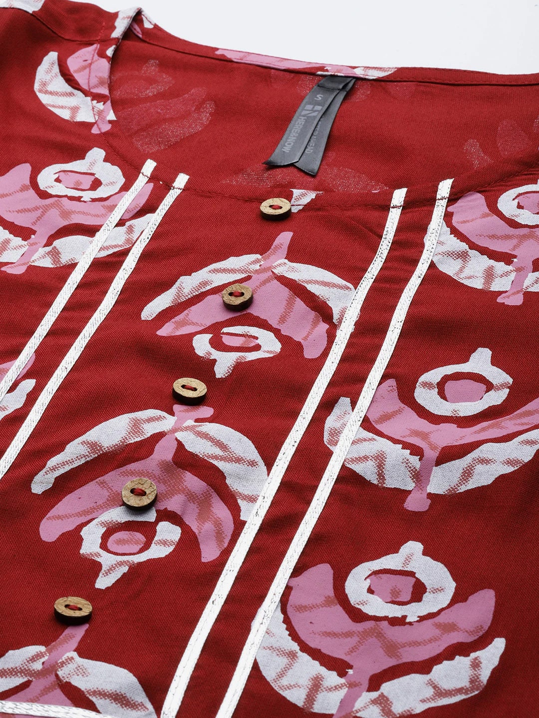 HERE&NOW Women Maroon & Pink Ethnic Motifs Printed Regular Gotta Patti Kurta with Trousers | Grocsy
