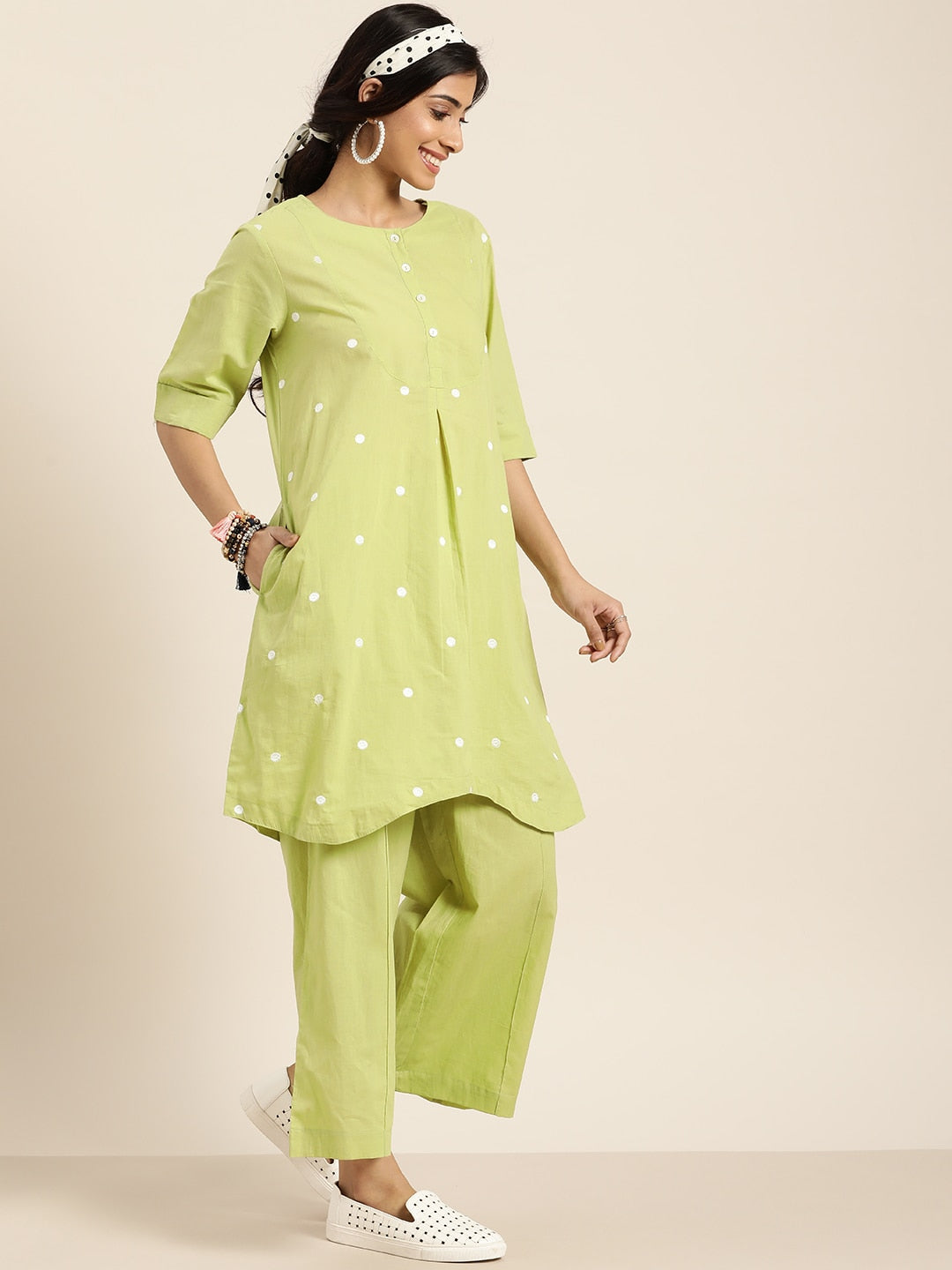 Sangria Women Green & White Embroidered Pure Cotton Asymmetric Kurta with Palazzos | Grocsy