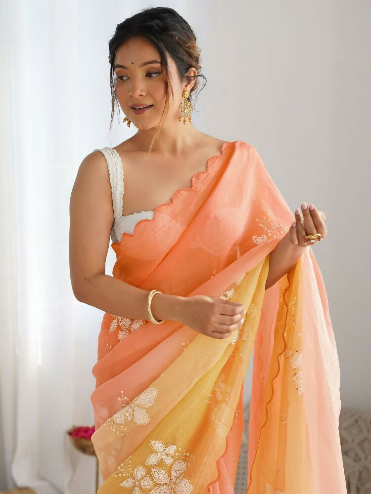 PR Fashion Orange Gold Crush Embroidery Work Saree | Grocsy