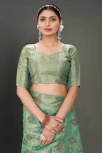 Sea Green Soft Organza Woven Design Saree With Unstitched Blouse Piece - Zaara | Grocsy