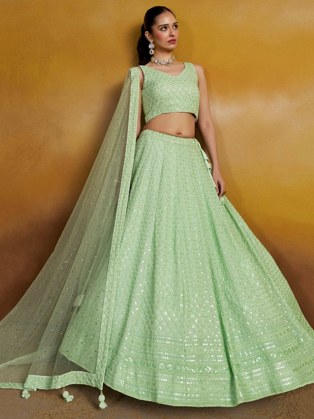 Tulsi Art Fantastic Mint Green Thread Embroidered Georgette Designer Lehenga Choli | Grocsy