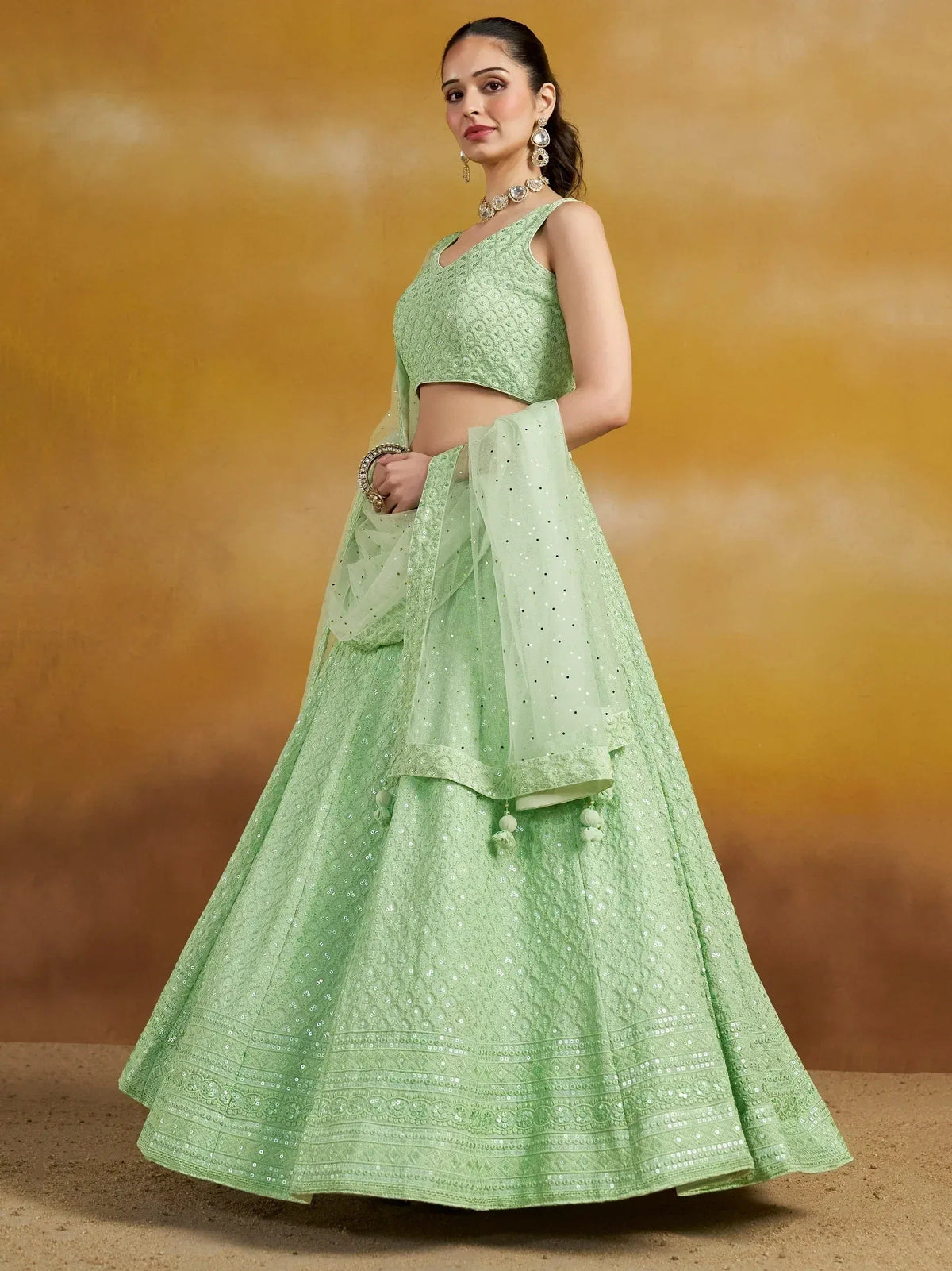 Tulsi Art Fantastic Mint Green Thread Embroidered Georgette Designer Lehenga Choli | Grocsy