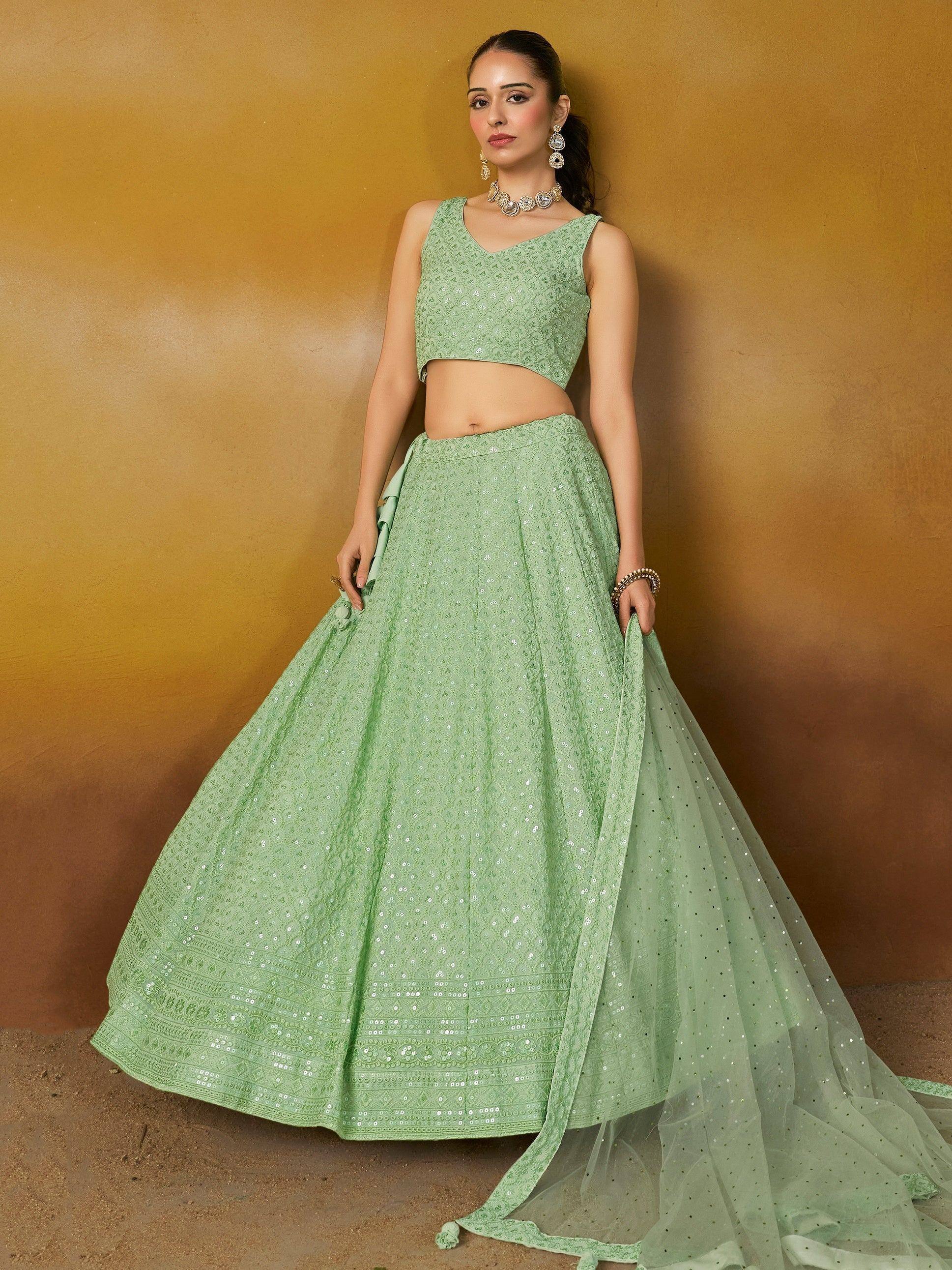 Tulsi Art Fantastic Mint Green Thread Embroidered Georgette Designer Lehenga Choli | Grocsy
