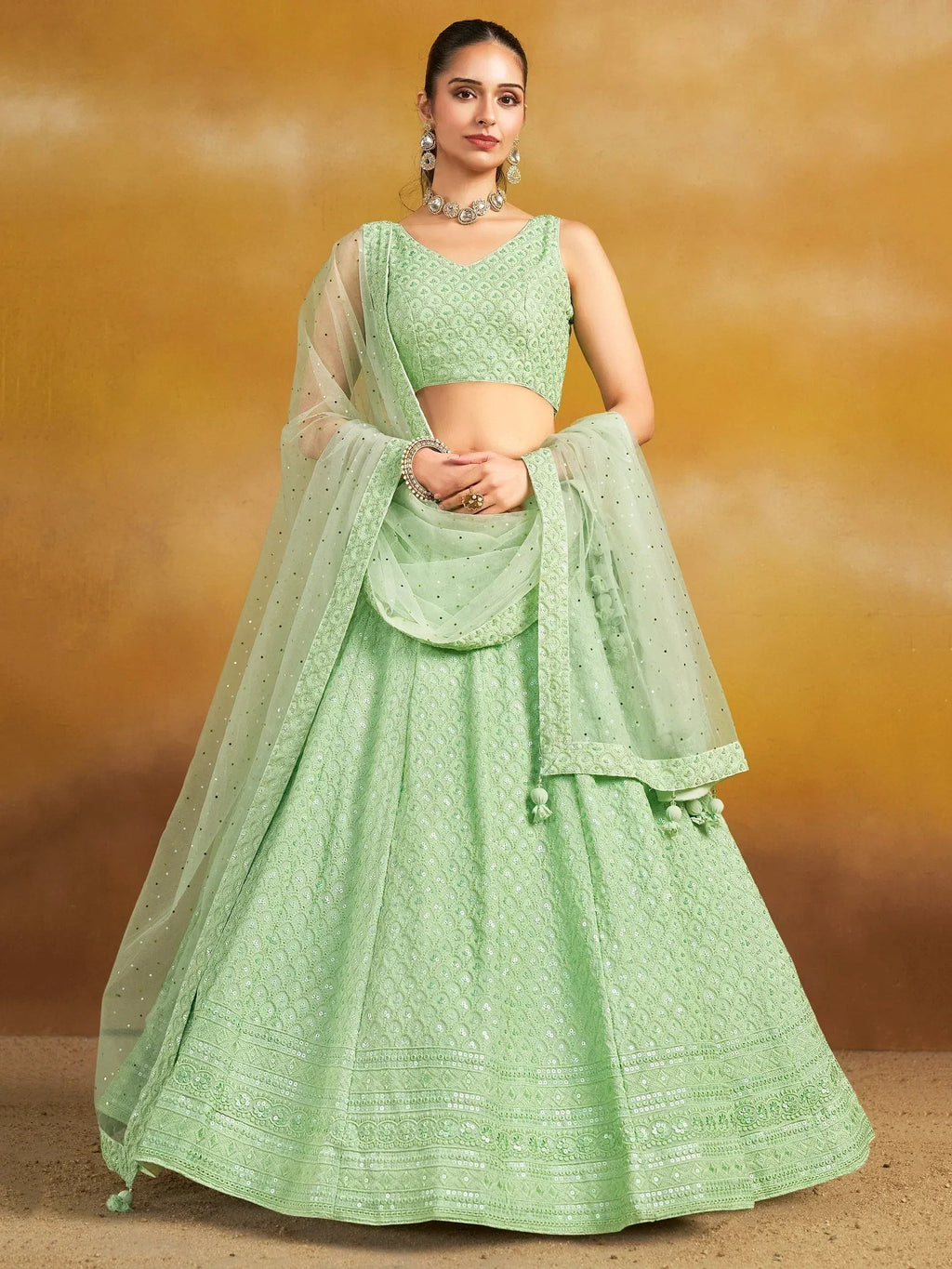 Tulsi Art Fantastic Mint Green Thread Embroidered Georgette Designer Lehenga Choli | Grocsy
