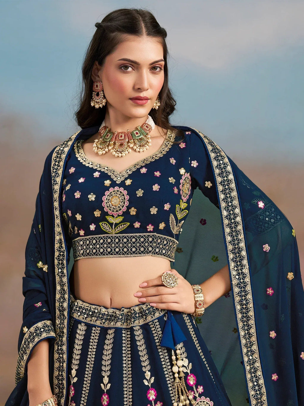 Tulsi Art Fantastic Navy Blue Zari Work Georgette Wedding Wear Lehenga Choli | Grocsy