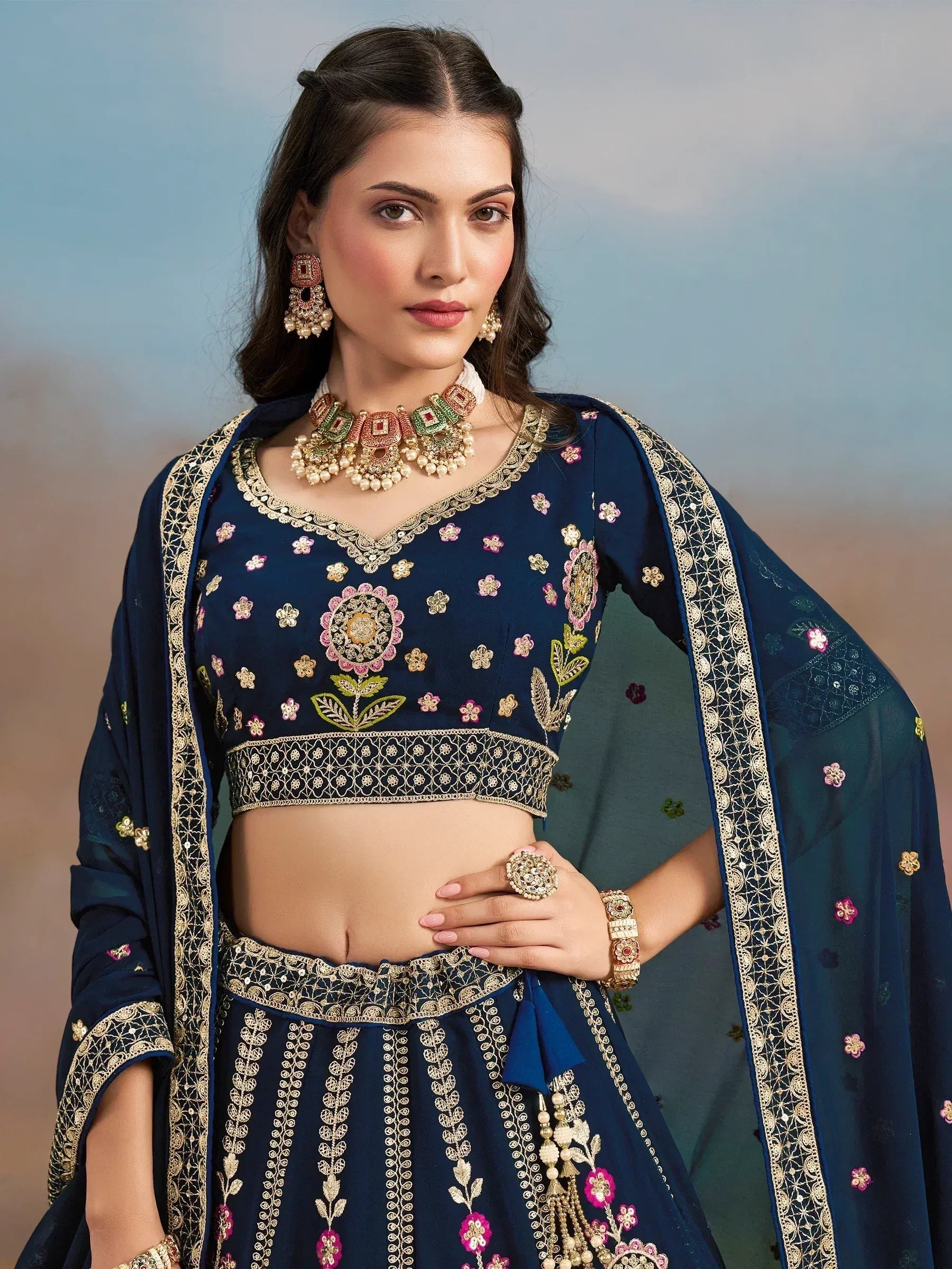 Tulsi Art Fantastic Navy Blue Zari Work Georgette Wedding Wear Lehenga Choli | Grocsy