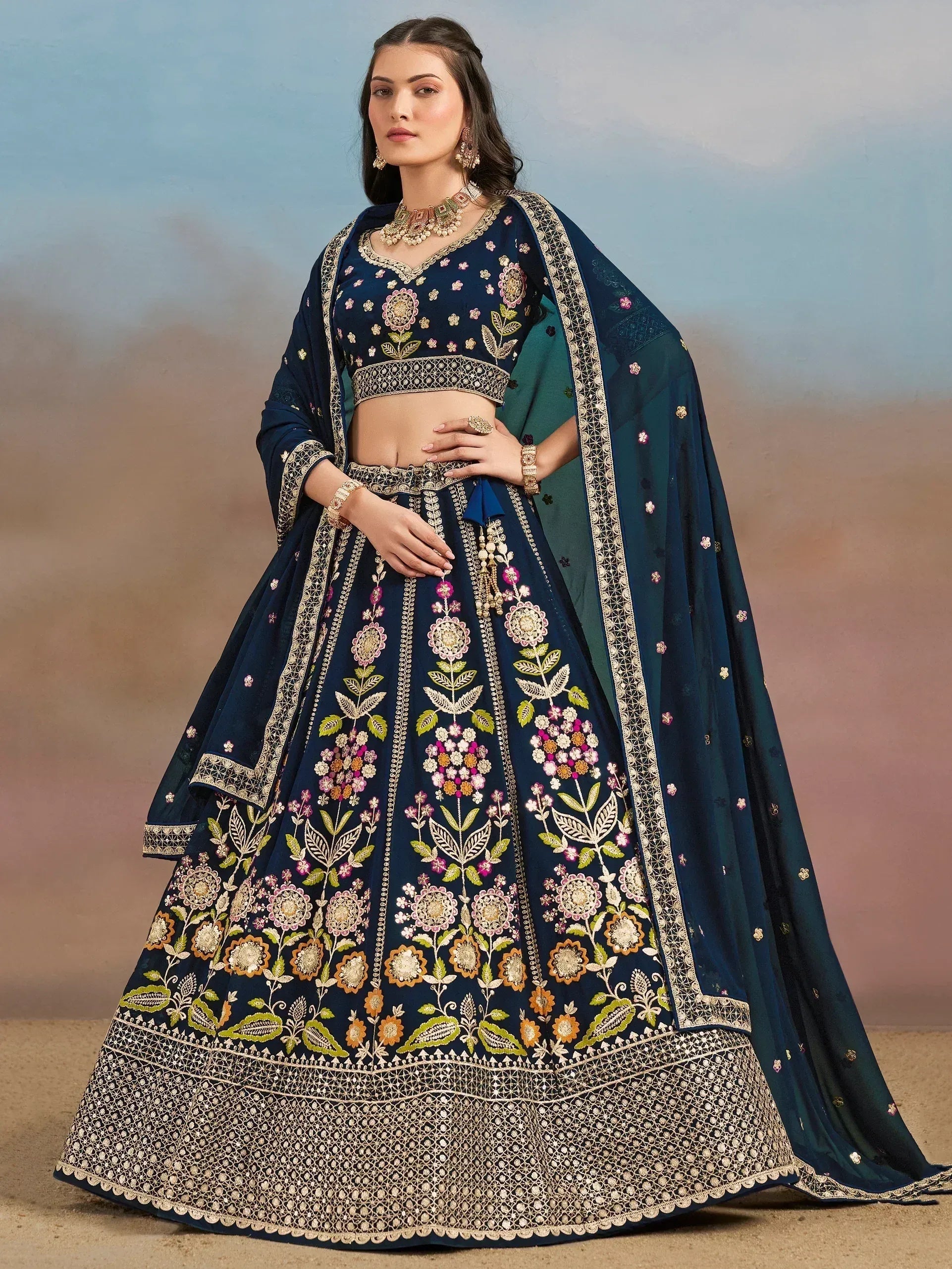 Tulsi Art Fantastic Navy Blue Zari Work Georgette Wedding Wear Lehenga Choli | Grocsy