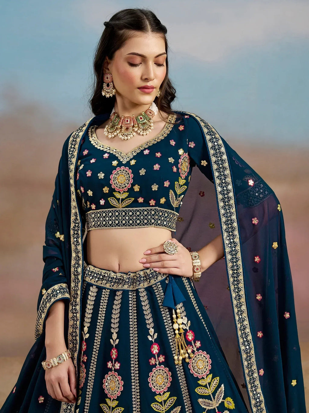 Tulsi Art Fantastic Navy Blue Zari Work Georgette Wedding Wear Lehenga Choli | Grocsy