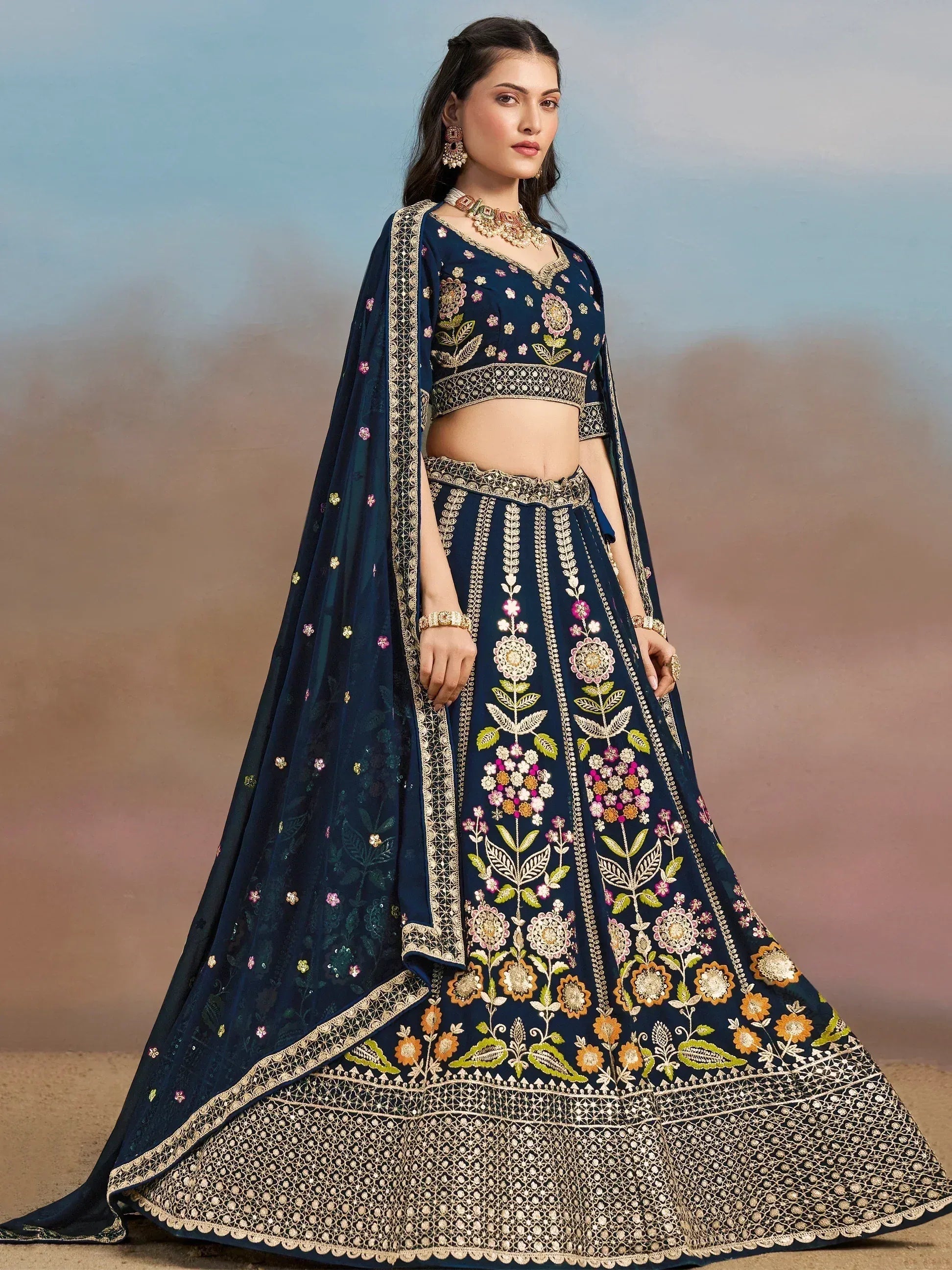 Tulsi Art Fantastic Navy Blue Zari Work Georgette Wedding Wear Lehenga Choli | Grocsy