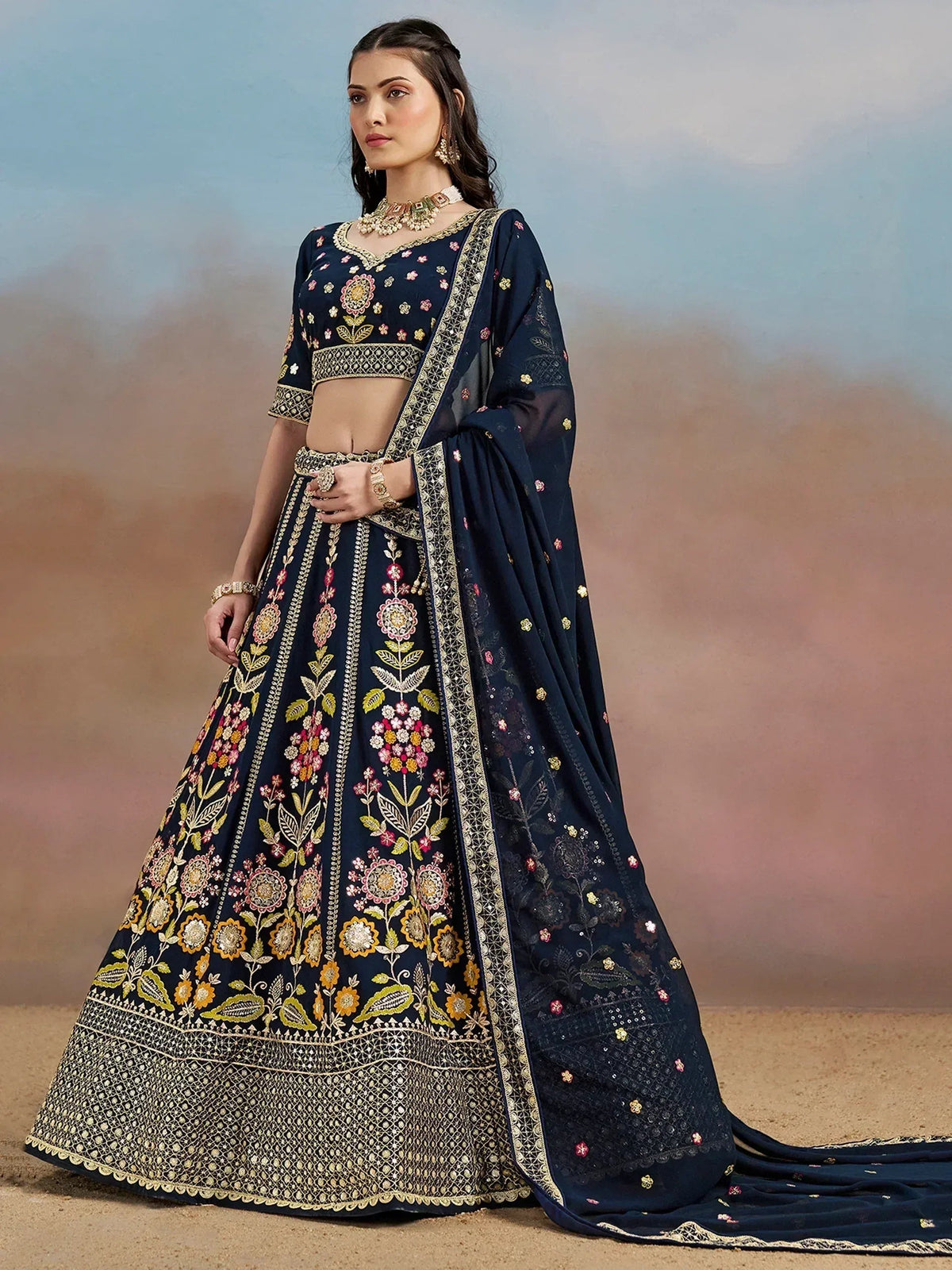 Tulsi Art Fantastic Navy Blue Zari Work Georgette Wedding Wear Lehenga Choli | Grocsy
