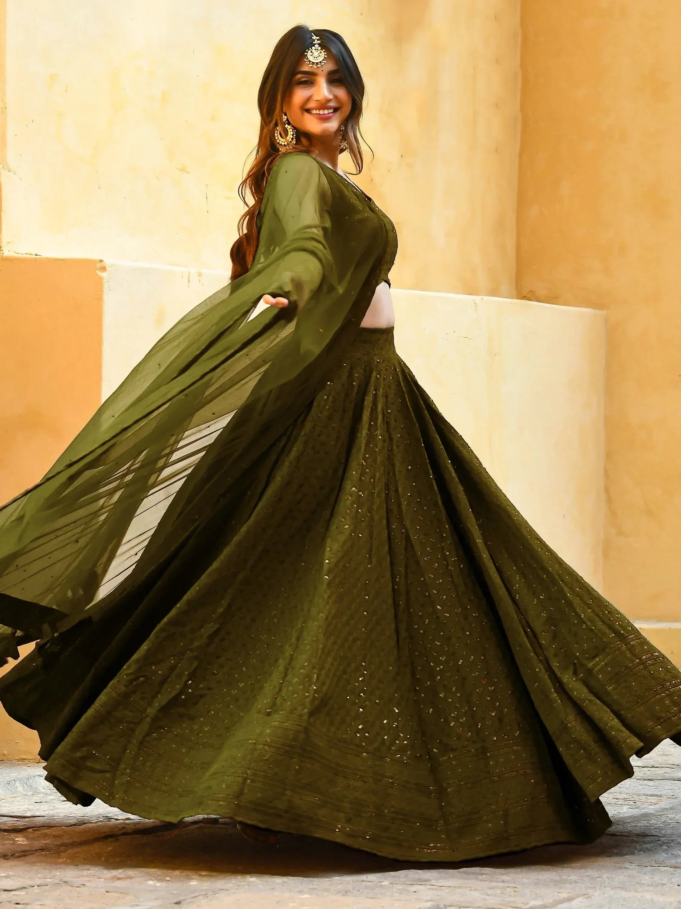 Tulsi Art Fantastic Olive Green Sequins Georgette Lehenga Choli With Dupatta | Grocsy