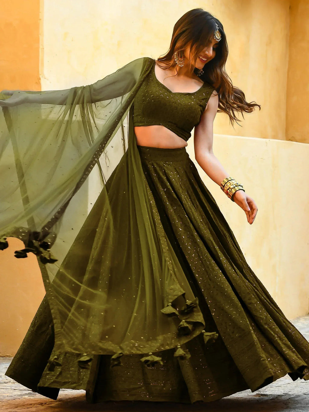 Tulsi Art Fantastic Olive Green Sequins Georgette Lehenga Choli With Dupatta | Grocsy