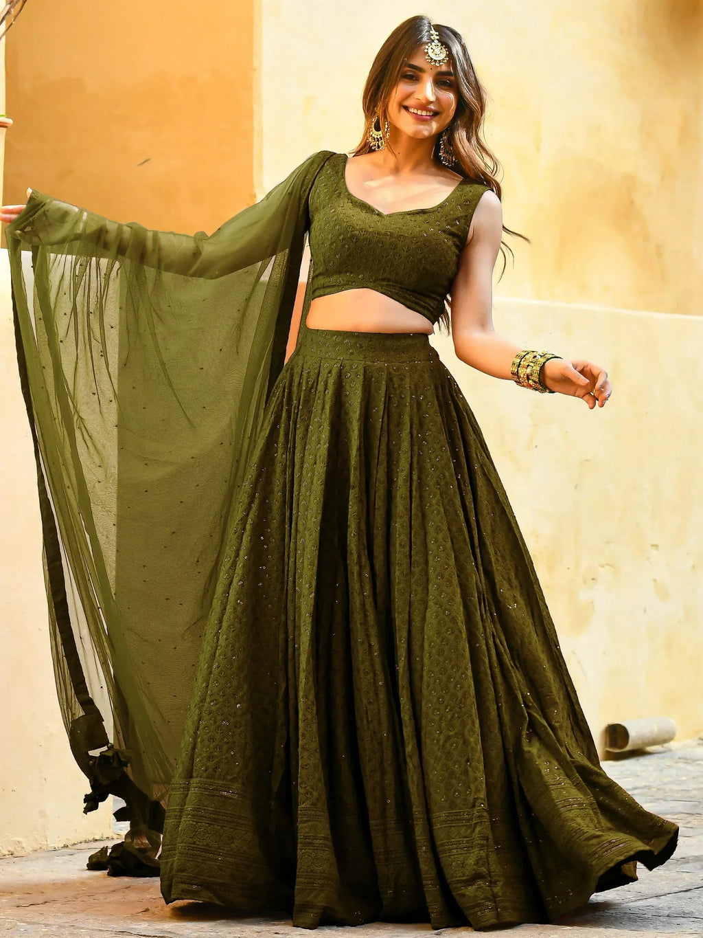Tulsi Art Fantastic Olive Green Sequins Georgette Lehenga Choli With Dupatta | Grocsy