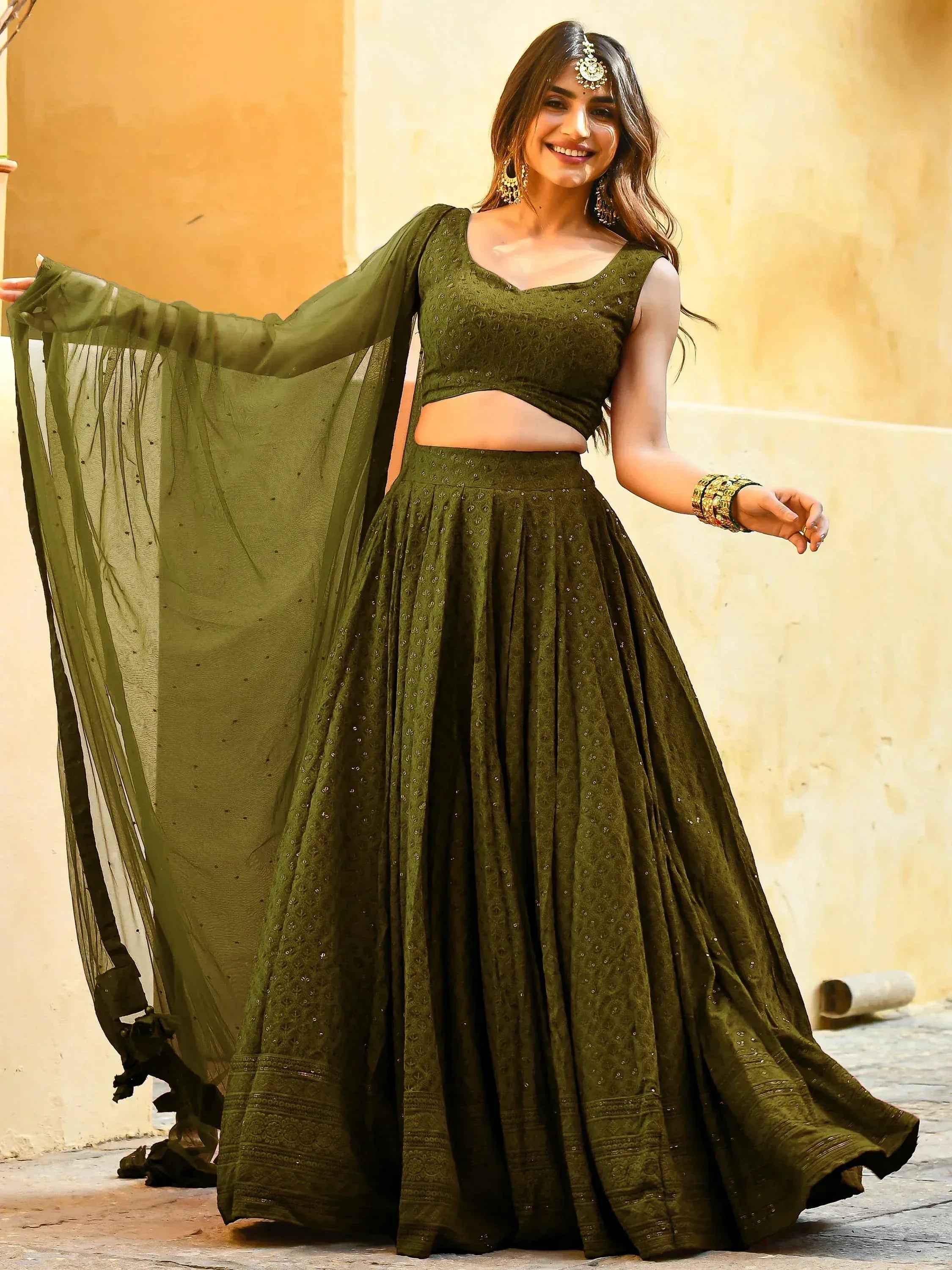 Tulsi Art Fantastic Olive Green Sequins Georgette Lehenga Choli With Dupatta | Grocsy