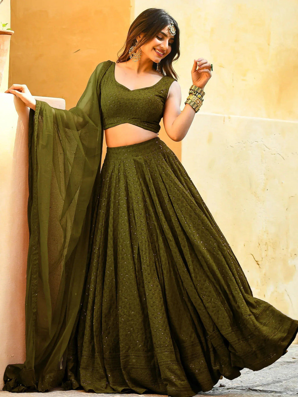 Tulsi Art Fantastic Olive Green Sequins Georgette Lehenga Choli With Dupatta | Grocsy