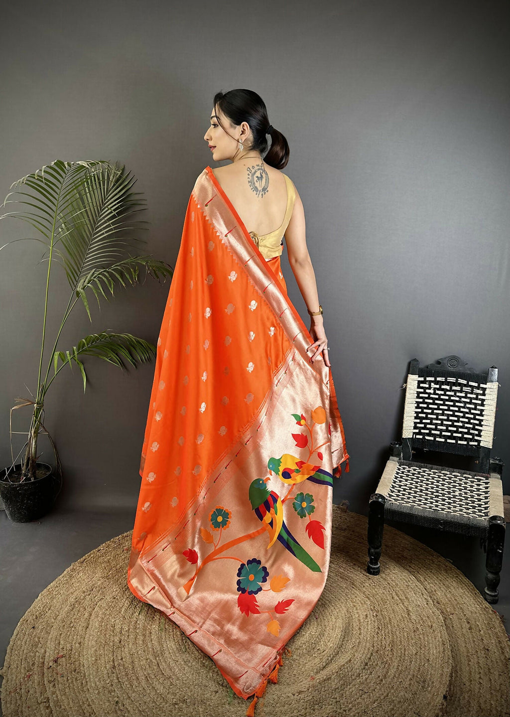 Joban Fashion Orange Peacock & Floral Motifs Soft Silk Kanchipuram Saree | Grocsy