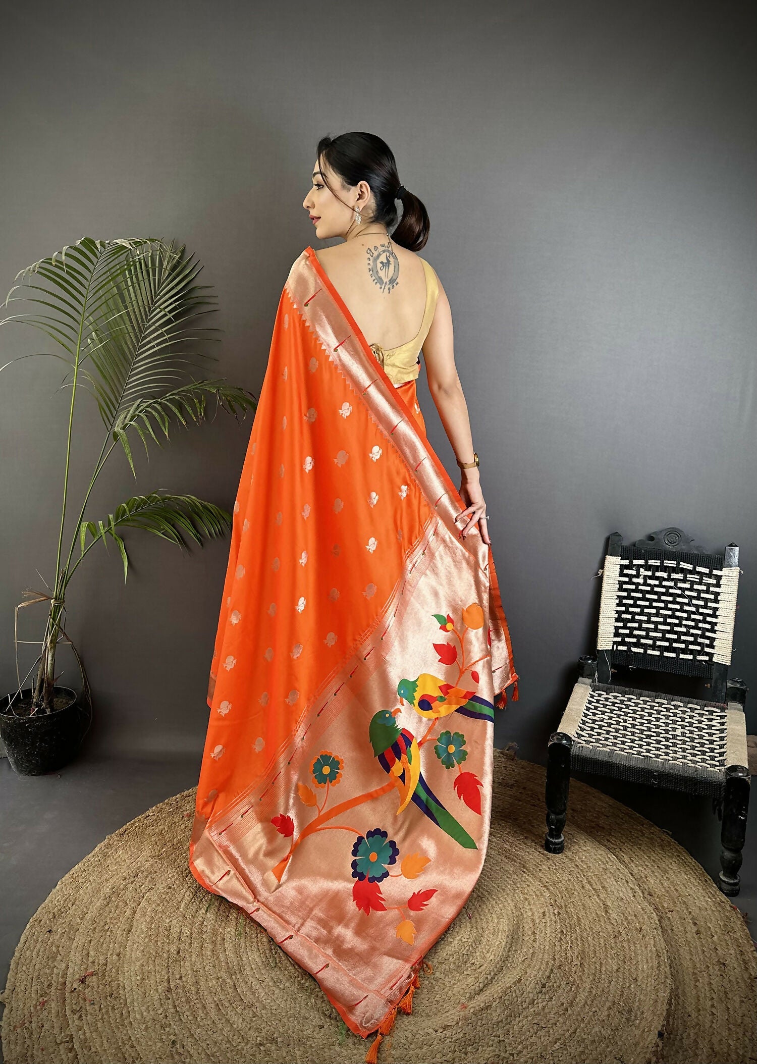 Joban Fashion Orange Peacock & Floral Motifs Soft Silk Kanchipuram Saree | Grocsy