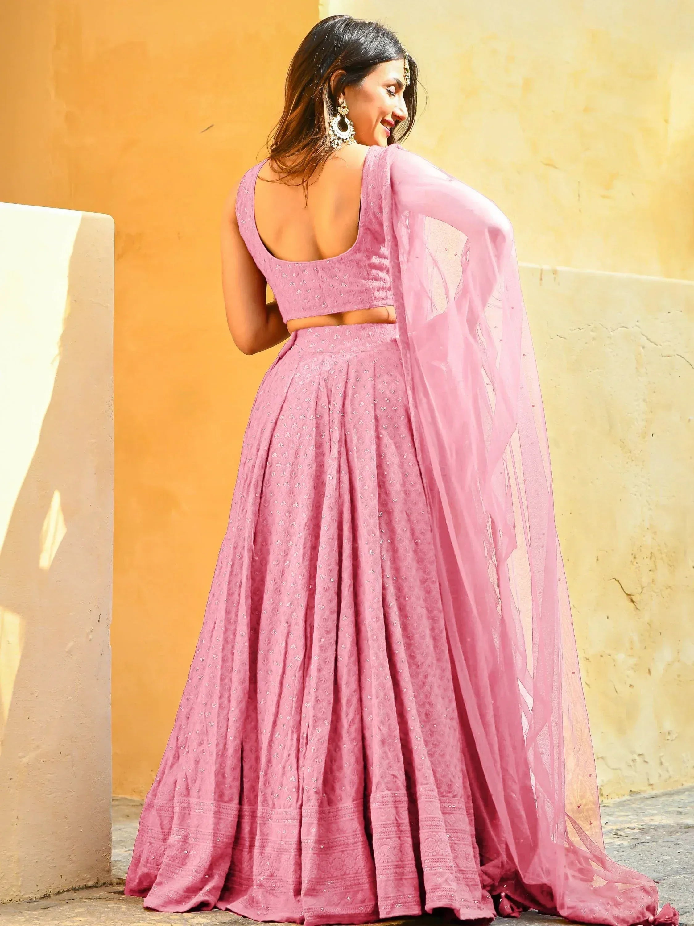 Tulsi Art Fascinating Baby Pink Georgette Party Wear Lehenga Choli | Grocsy