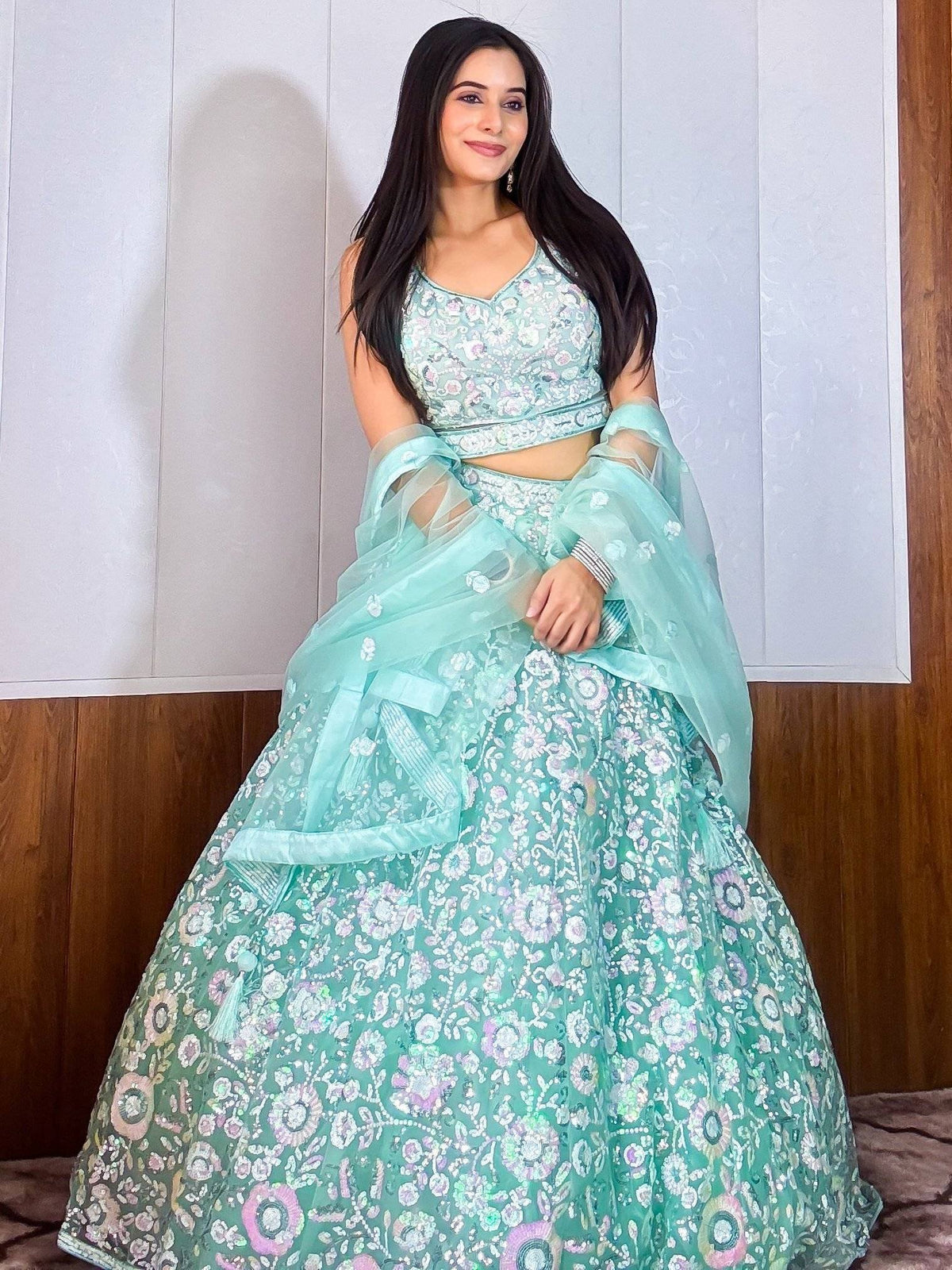 Tulsi Art Fascinating Blue Sequins Net Reception Wear Lehenga Choli With Dupatta | Grocsy