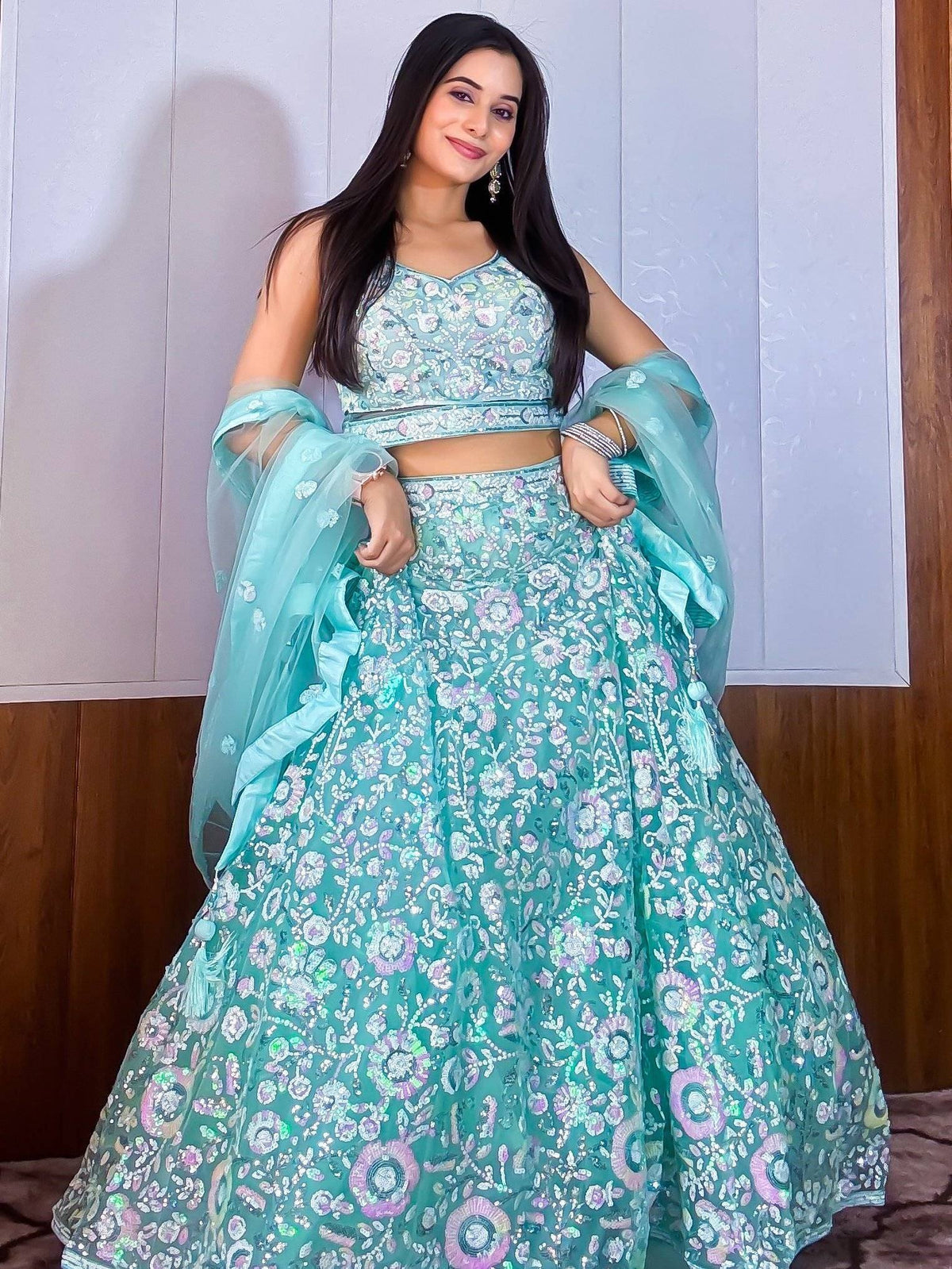 Tulsi Art Fascinating Blue Sequins Net Reception Wear Lehenga Choli With Dupatta | Grocsy