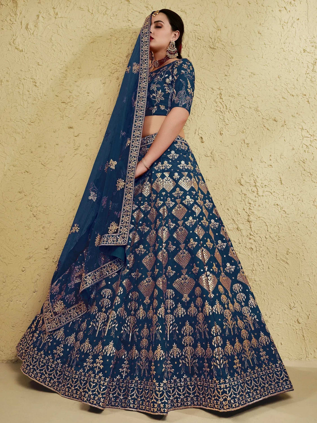 Tulsi Art Fascinating Blue Sequins Silk Wedding Wear Lehenga Choli | Grocsy