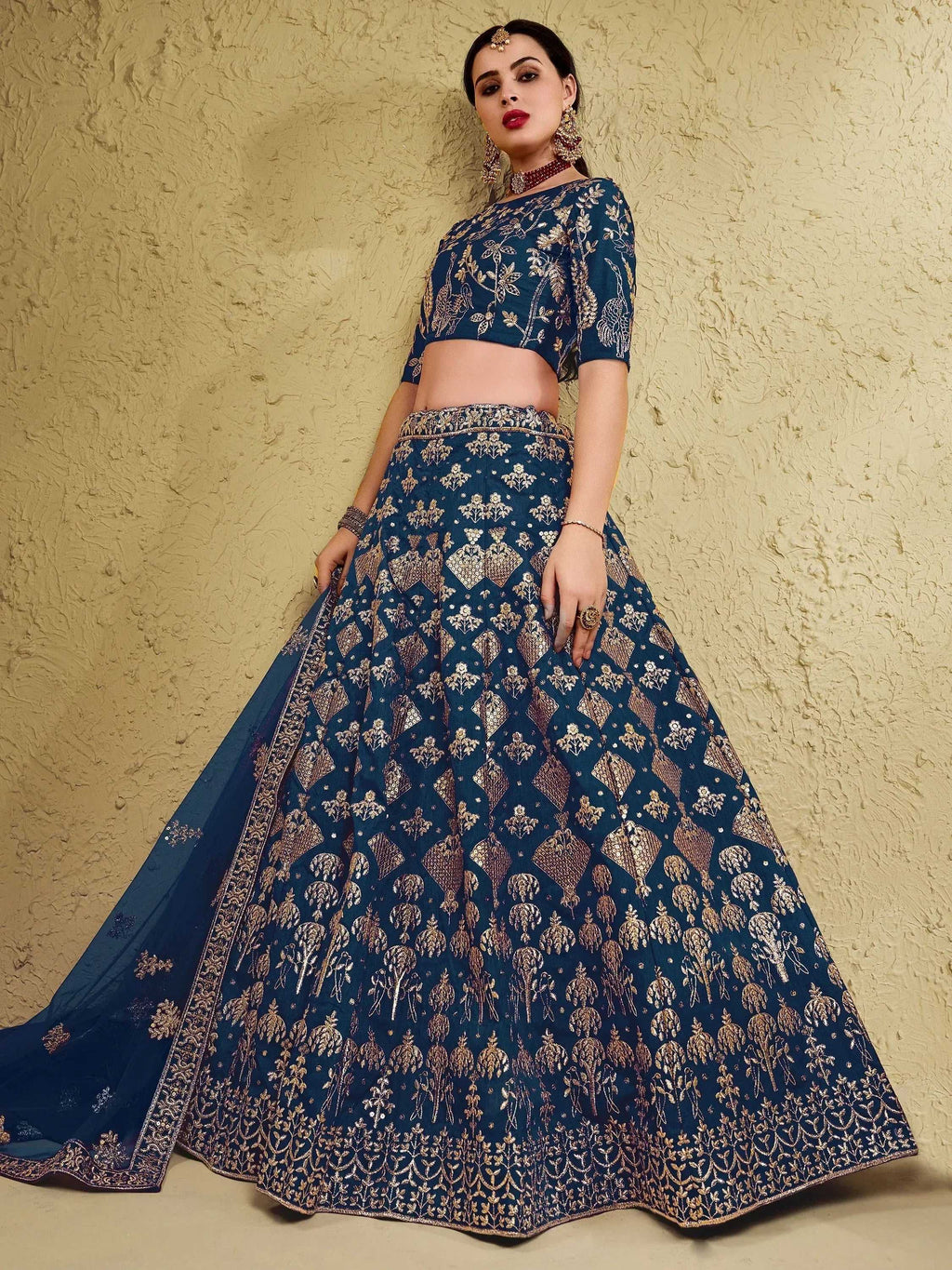 Tulsi Art Fascinating Blue Sequins Silk Wedding Wear Lehenga Choli | Grocsy